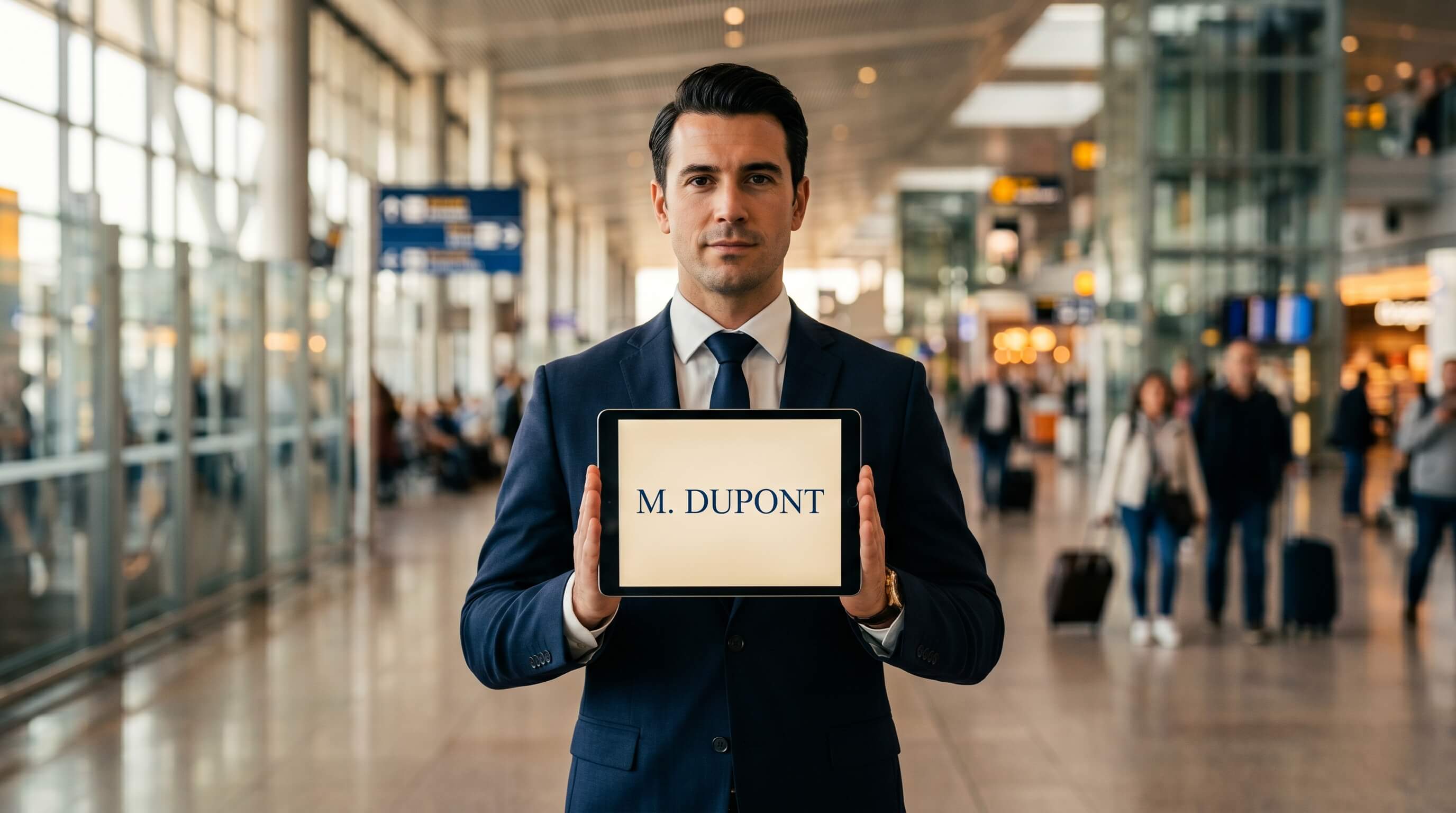 Chauffeur privé FAIZ TRANSPORT PARIS tenant un panneau d'accueil nominatif à l'aéroport — service VIP meet & greet
