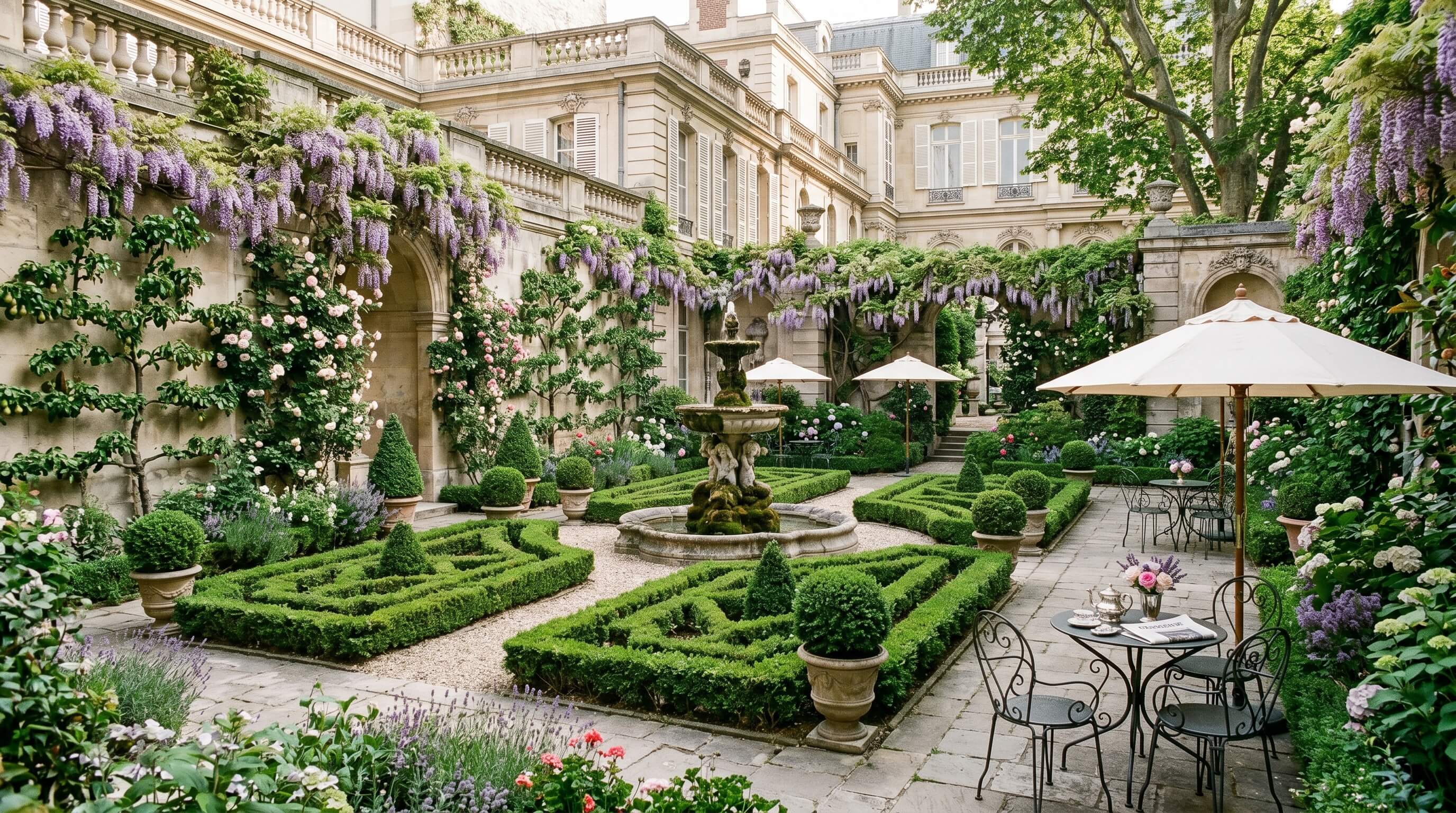 Jardin secret du Bristol Paris — cour pavée et glycines