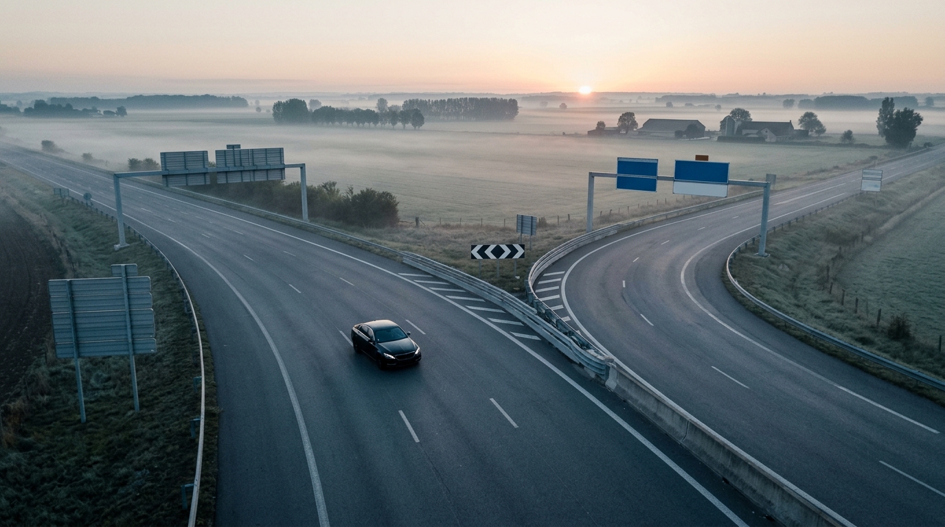 Autoroute se séparant vers les aéroports de Roissy-CDG et d'Orly depuis Paris