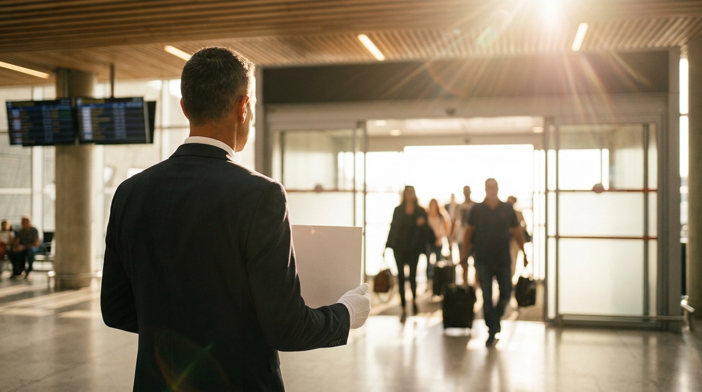 Chauffeur privé en costume attendant un passager avec une pancarte dans un hall d'arrivée
