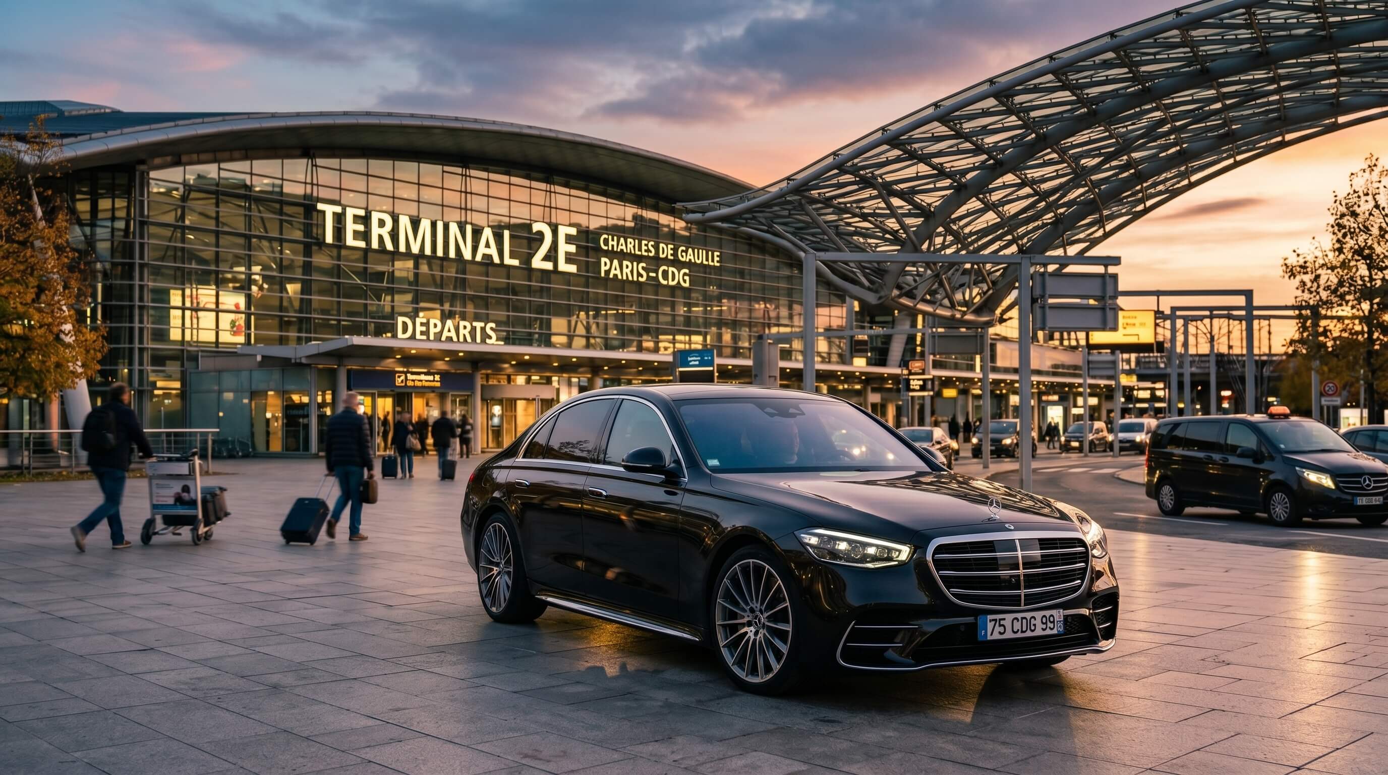 Transfert aéroport CDG chauffeur privé Paris — Mercedes Classe S devant Terminal