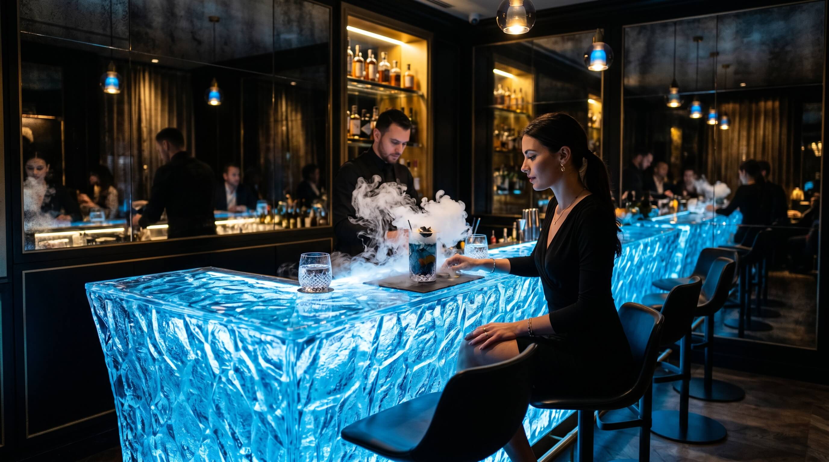 Bar du Plaza Athénée — comptoir en cristal bleu rétroéclairé