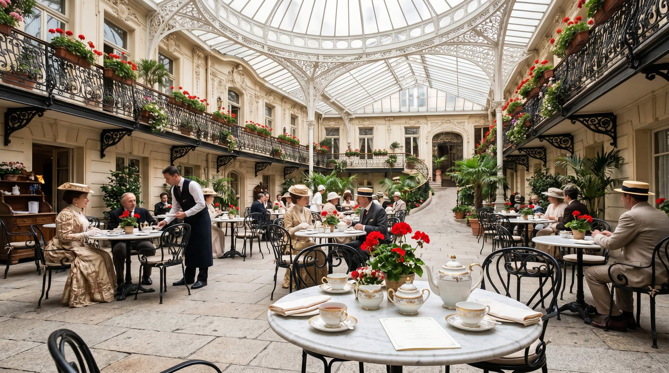 Cour intérieure du Plaza Athénée — géraniums rouges signature