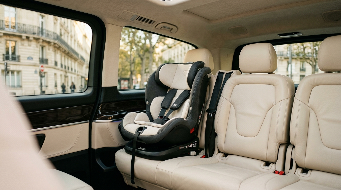 Siège auto pour enfant installé à l'arrière d'un van avec chauffeur privé à Paris