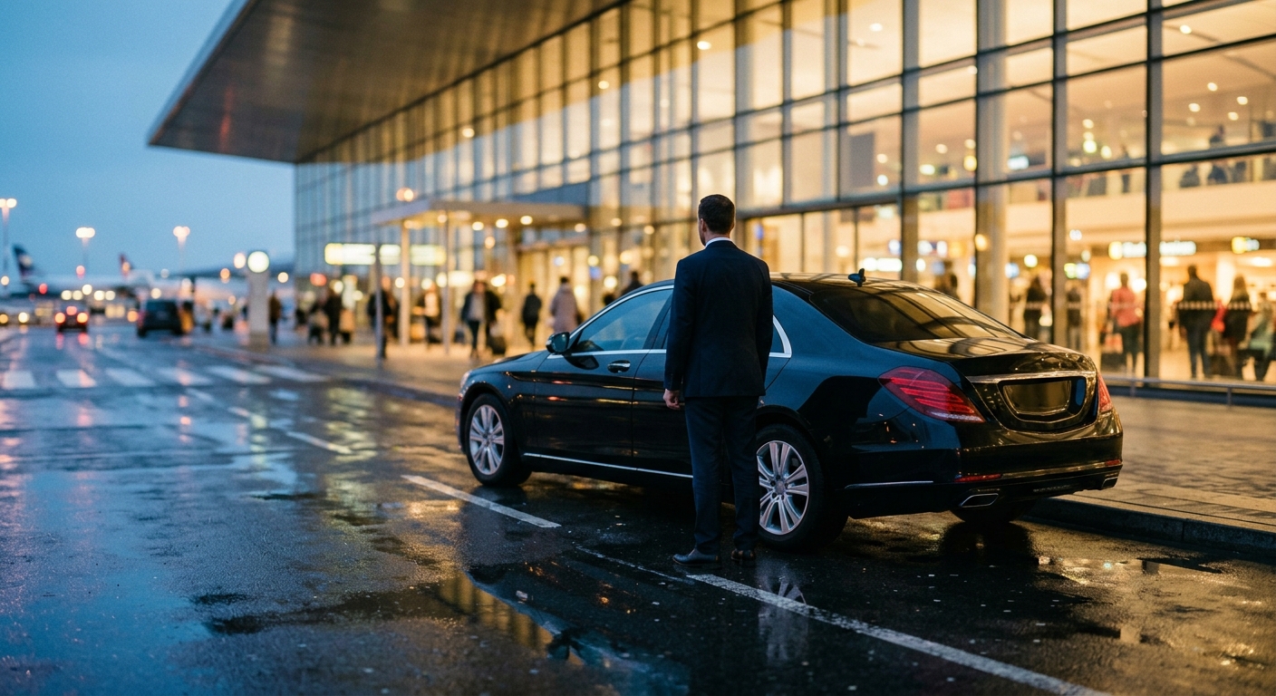 Berline noire avec chauffeur privé en attente devant un terminal de l'aéroport d'Orly